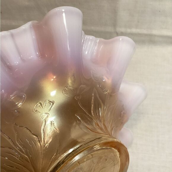 Carnival Glass Vintage Iridescent Ruffled Glass Bowl Floral Design Impressed - Picture 3 of 10